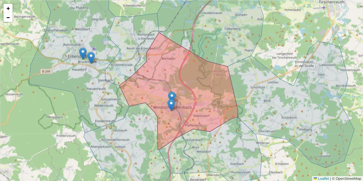 Karte des Postleitzahlen Bereichs  und der umliegenden Postleitzahlen in Deutschland