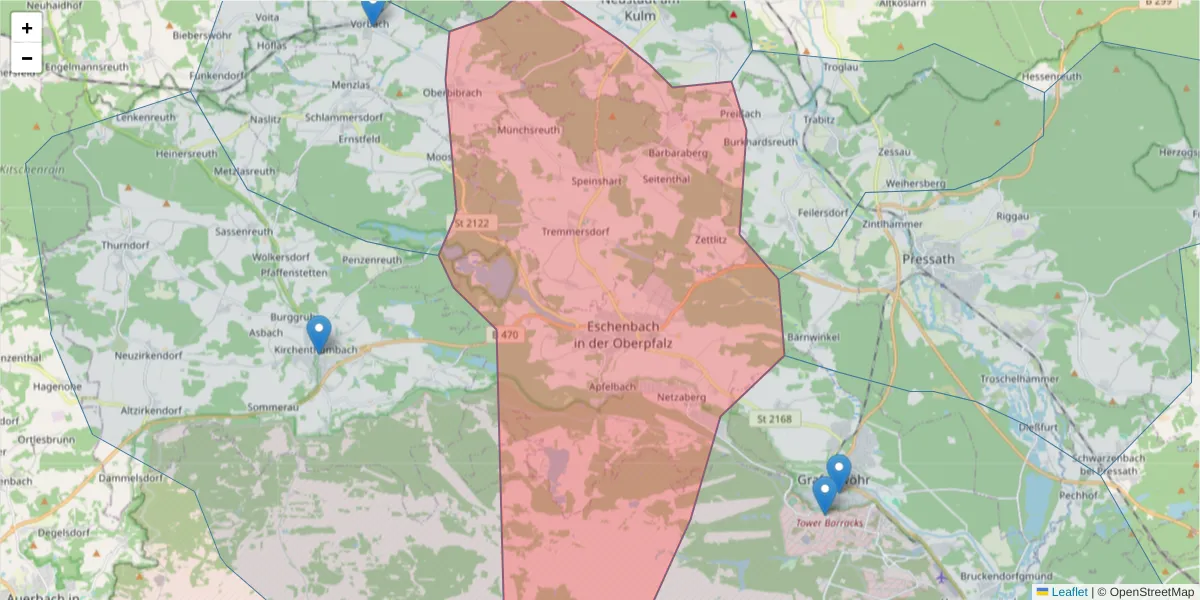 Karte des Postleitzahlen Bereichs  und der umliegenden Postleitzahlen in Deutschland