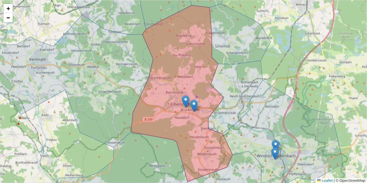 Karte des Postleitzahlen Bereichs  und der umliegenden Postleitzahlen in Deutschland