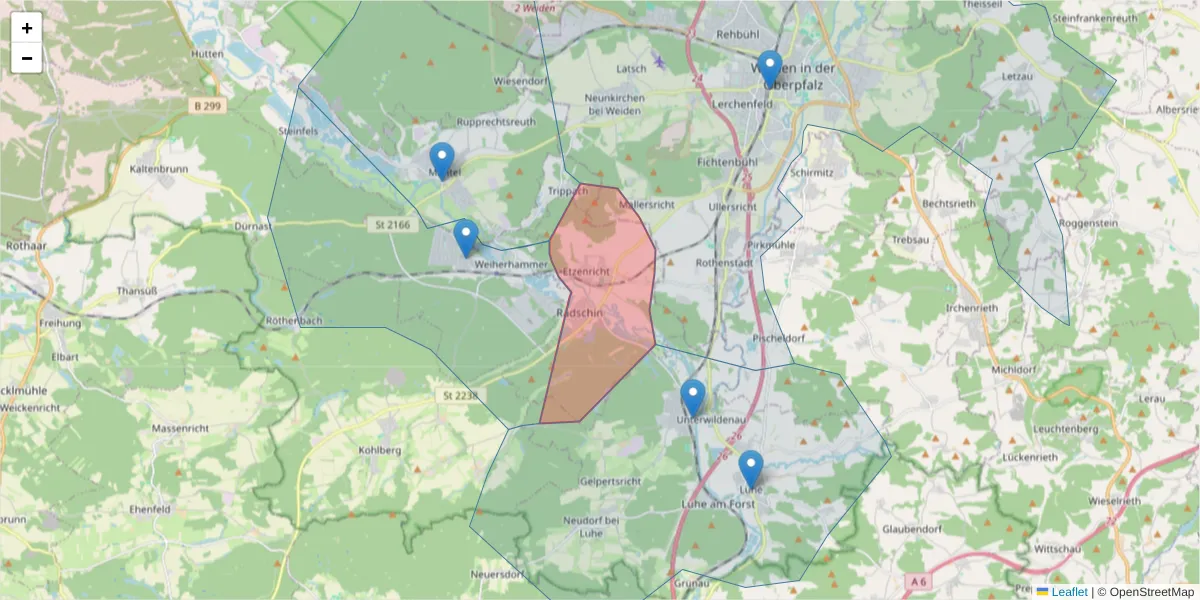 Karte des Postleitzahlen Bereichs  und der umliegenden Postleitzahlen in Deutschland