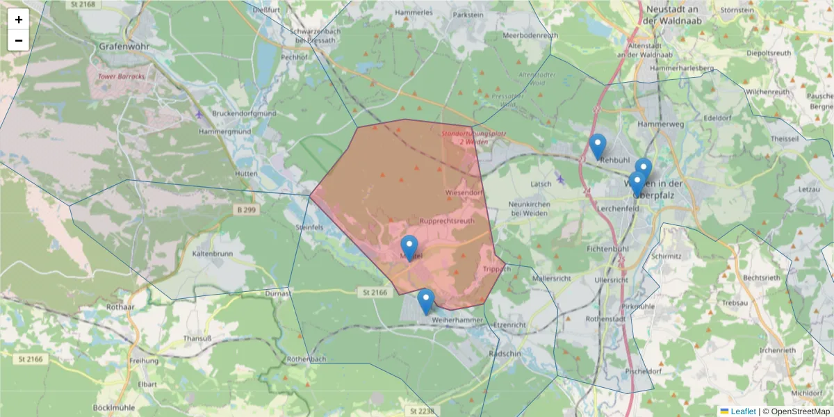 Karte des Postleitzahlen Bereichs  und der umliegenden Postleitzahlen in Deutschland