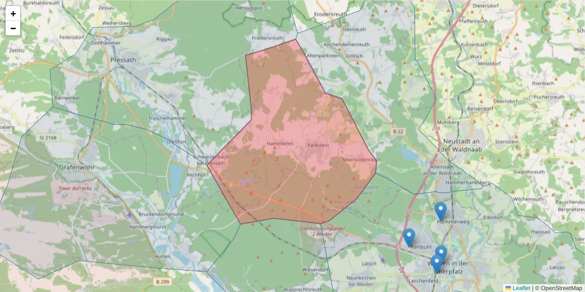 Karte des Postleitzahlen Bereichs  und der umliegenden Postleitzahlen in Deutschland