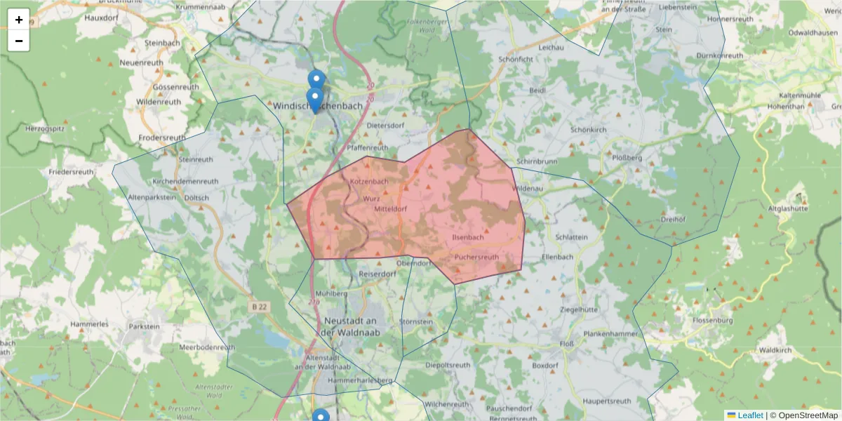 Karte des Postleitzahlen Bereichs  und der umliegenden Postleitzahlen in Deutschland