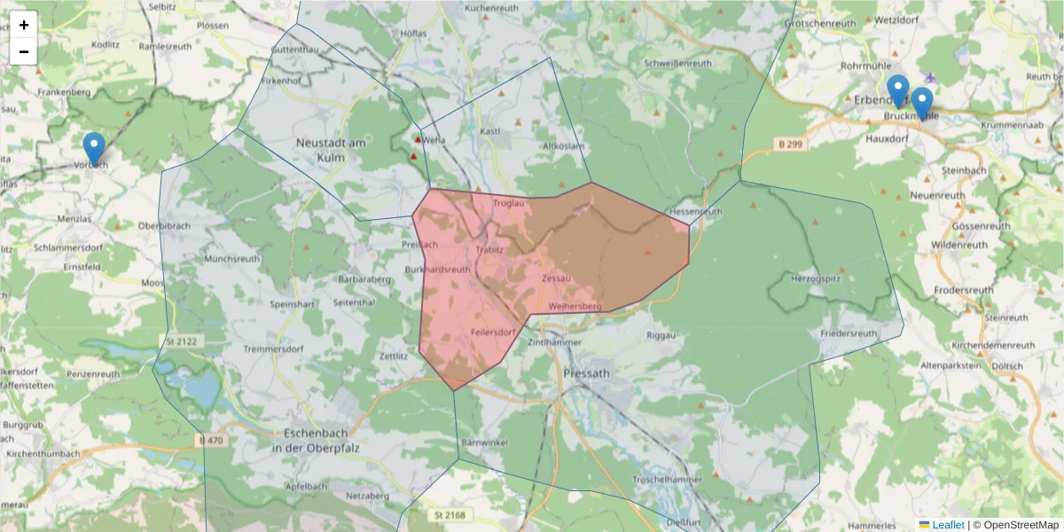 Karte des Postleitzahlen Bereichs  und der umliegenden Postleitzahlen in Deutschland