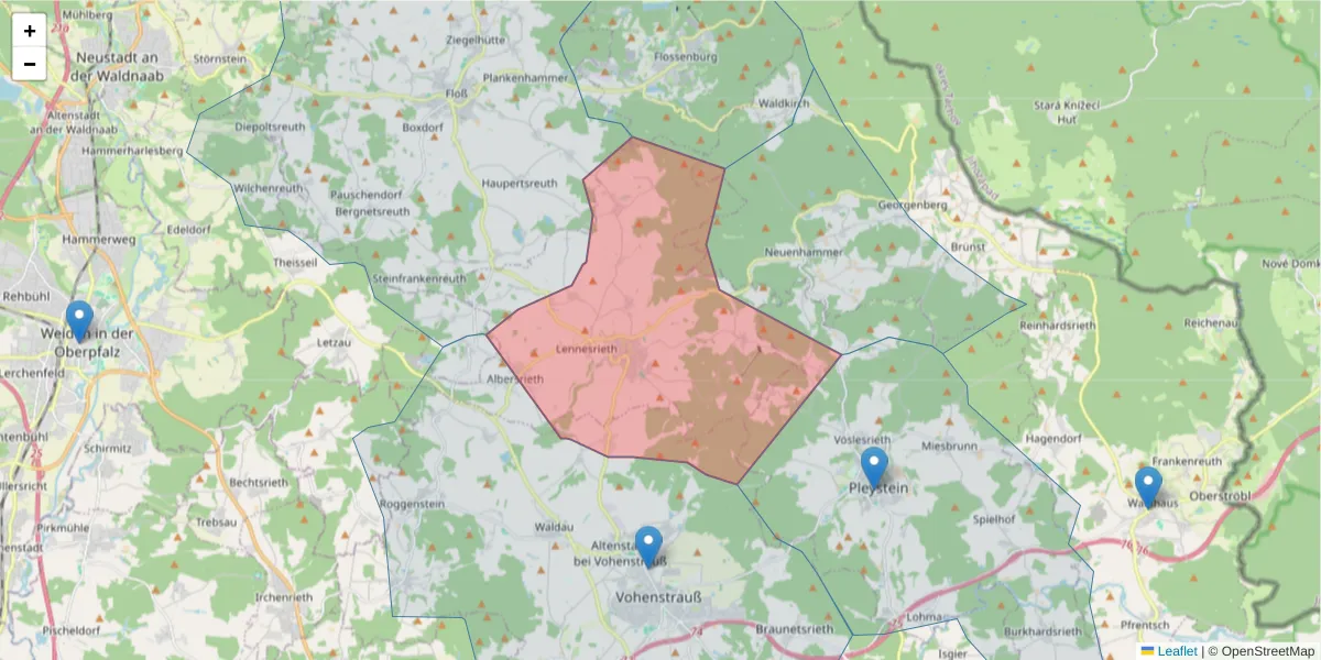Karte des Postleitzahlen Bereichs  und der umliegenden Postleitzahlen in Deutschland