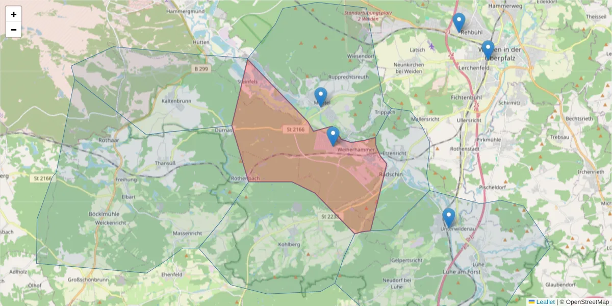 Karte des Postleitzahlen Bereichs  und der umliegenden Postleitzahlen in Deutschland