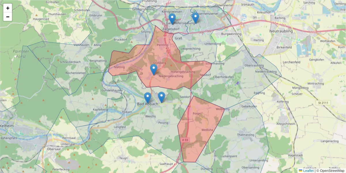 Karte des Postleitzahlen Bereichs  und der umliegenden Postleitzahlen in Deutschland