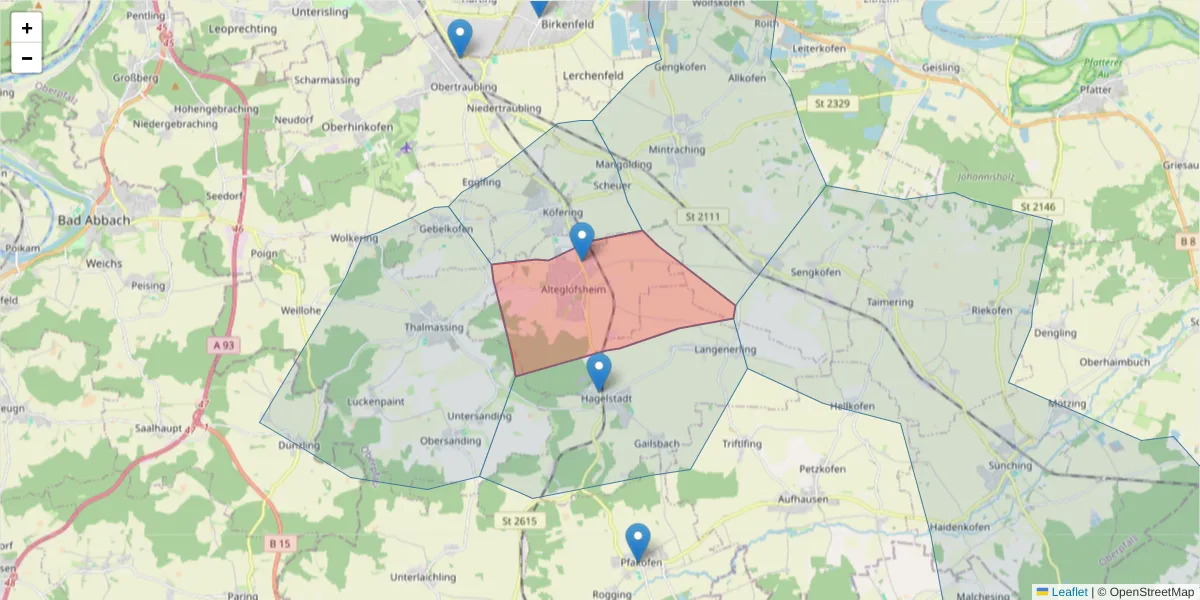 Karte des Postleitzahlen Bereichs  und der umliegenden Postleitzahlen in Deutschland