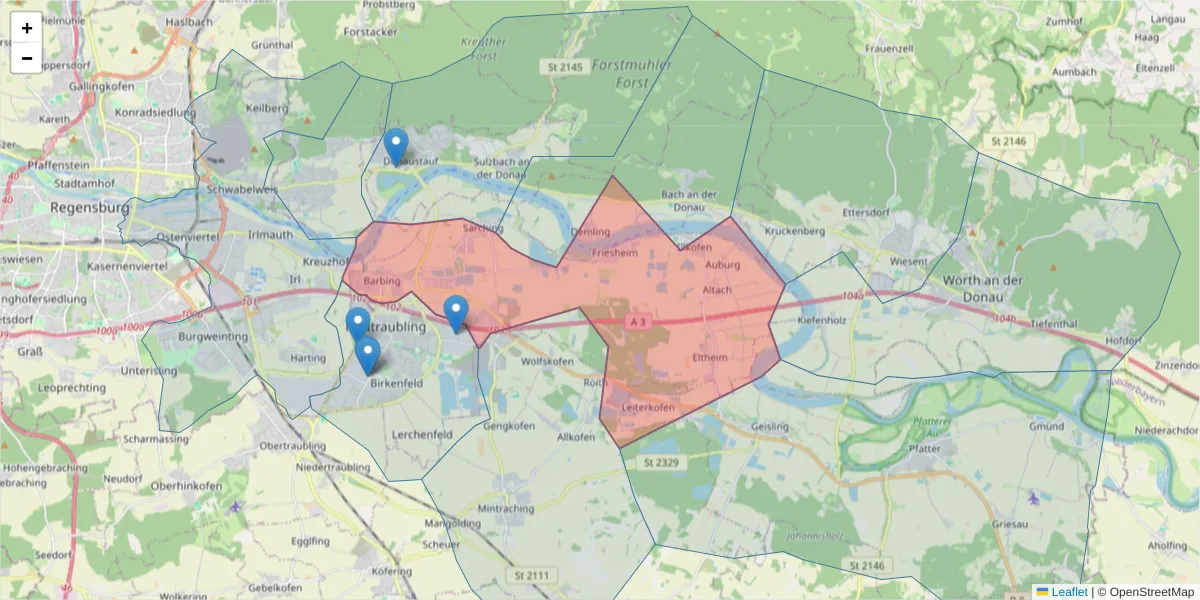 Karte des Postleitzahlen Bereichs  und der umliegenden Postleitzahlen in Deutschland