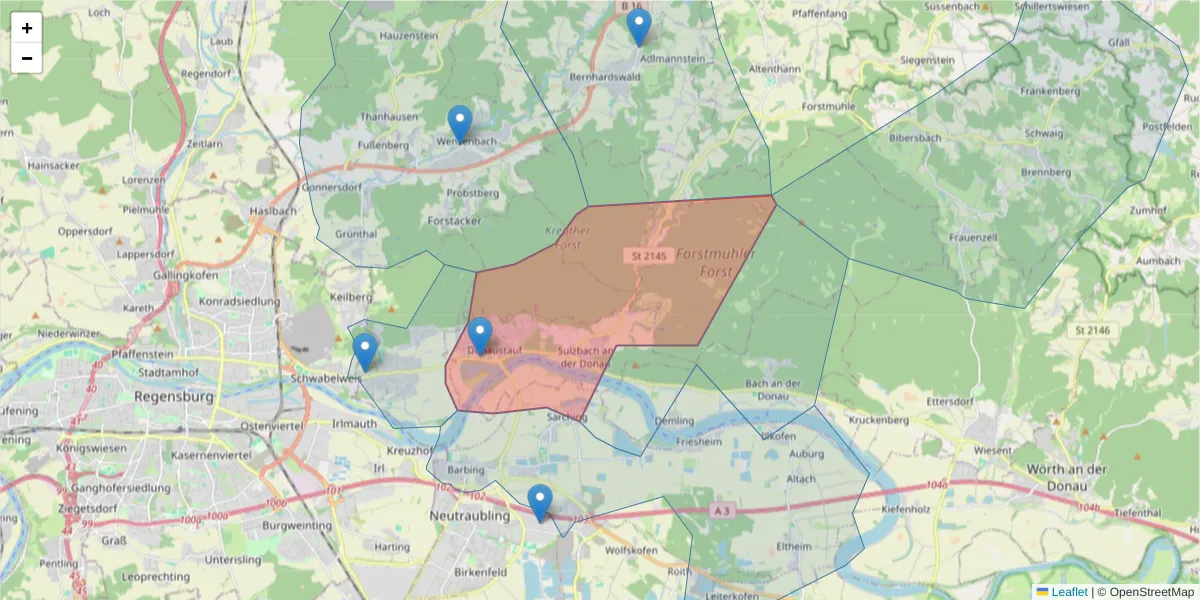 Karte des Postleitzahlen Bereichs  und der umliegenden Postleitzahlen in Deutschland