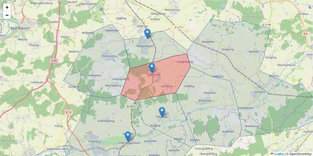 Karte des Postleitzahlen Bereichs  und der umliegenden Postleitzahlen in Deutschland
