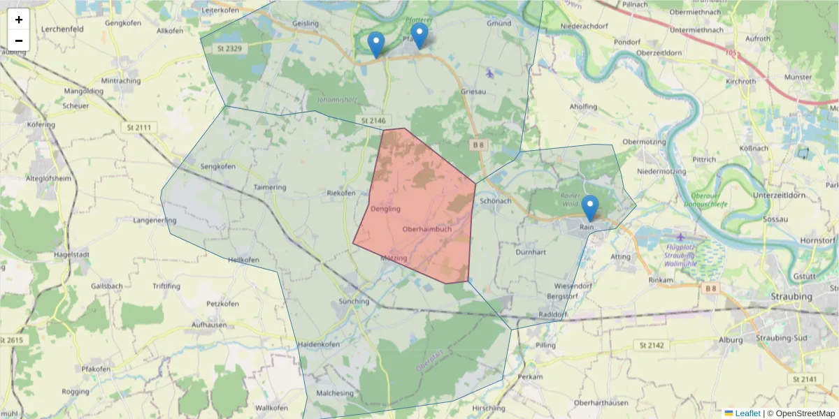 Karte des Postleitzahlen Bereichs  und der umliegenden Postleitzahlen in Deutschland