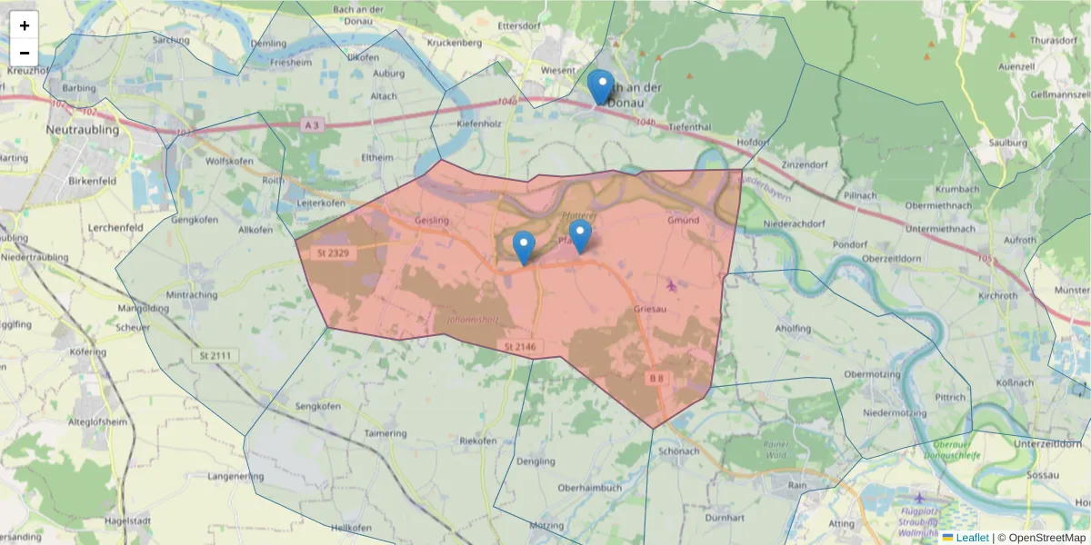 Karte des Postleitzahlen Bereichs  und der umliegenden Postleitzahlen in Deutschland
