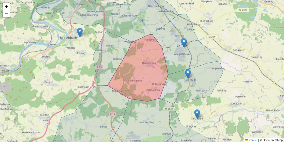 Karte des Postleitzahlen Bereichs  und der umliegenden Postleitzahlen in Deutschland