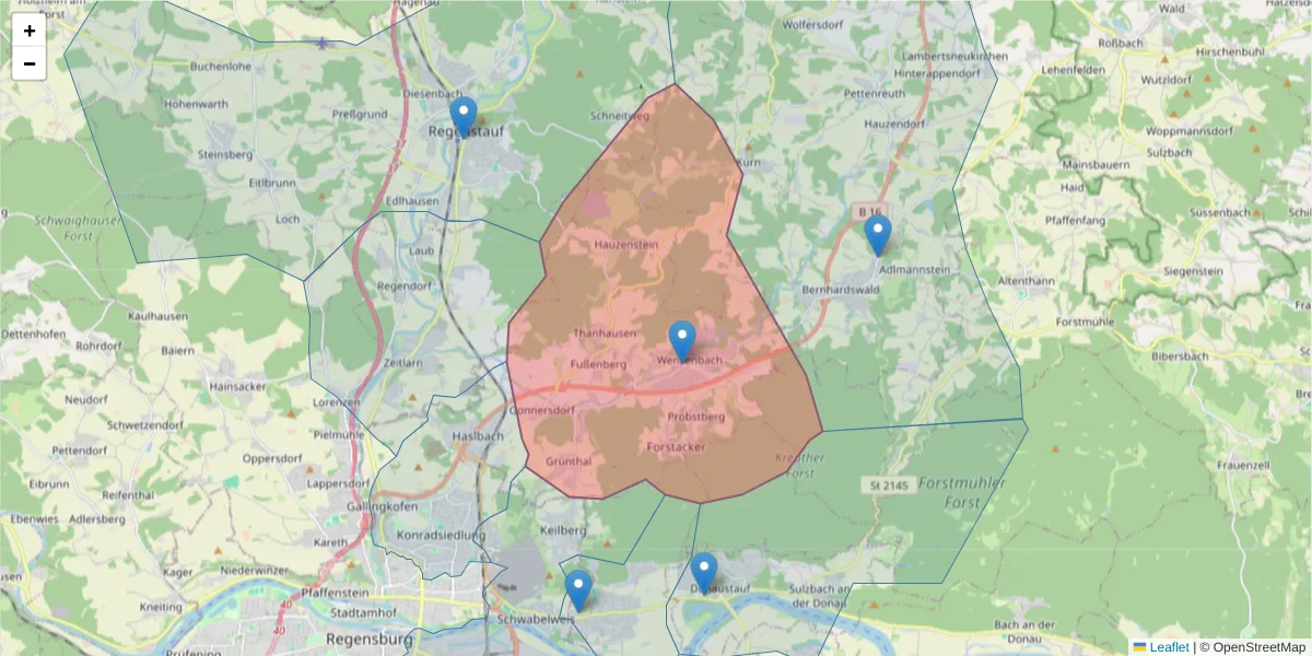 Karte des Postleitzahlen Bereichs  und der umliegenden Postleitzahlen in Deutschland
