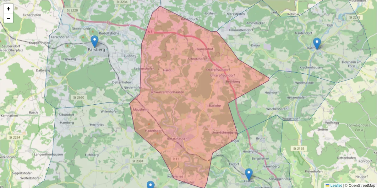 Karte des Postleitzahlen Bereichs  und der umliegenden Postleitzahlen in Deutschland