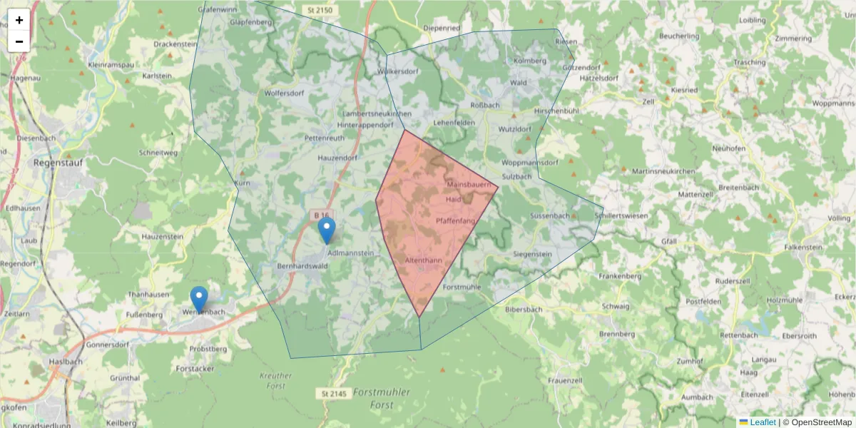 Karte des Postleitzahlen Bereichs  und der umliegenden Postleitzahlen in Deutschland