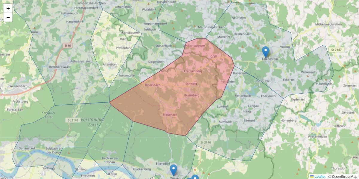 Karte des Postleitzahlen Bereichs  und der umliegenden Postleitzahlen in Deutschland