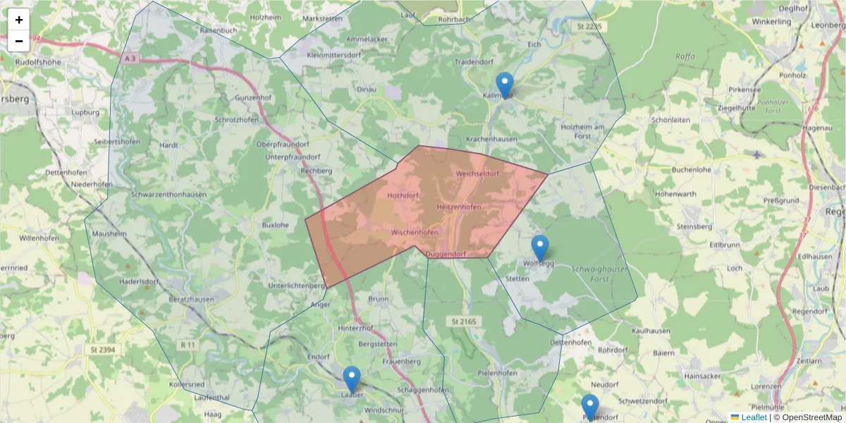 Karte des Postleitzahlen Bereichs  und der umliegenden Postleitzahlen in Deutschland