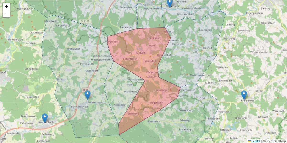 Karte des Postleitzahlen Bereichs  und der umliegenden Postleitzahlen in Deutschland