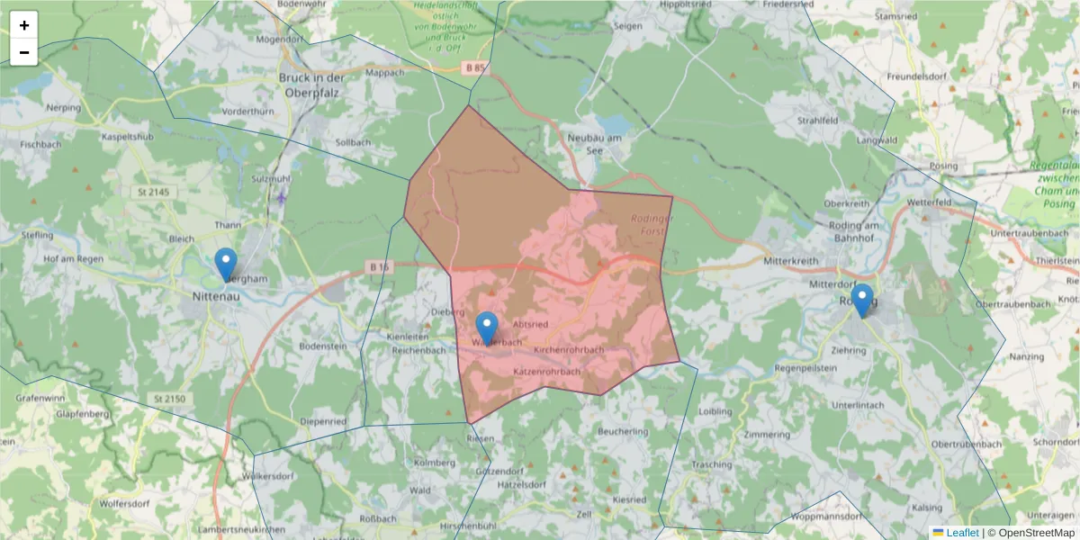 Karte des Postleitzahlen Bereichs  und der umliegenden Postleitzahlen in Deutschland
