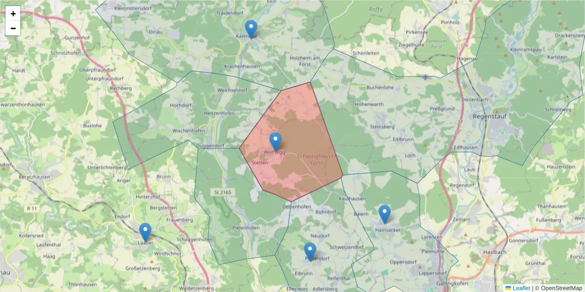 Karte des Postleitzahlen Bereichs  und der umliegenden Postleitzahlen in Deutschland
