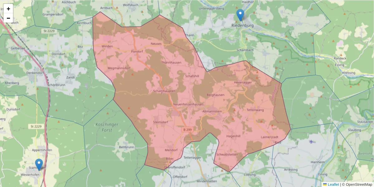Karte des Postleitzahlen Bereichs  und der umliegenden Postleitzahlen in Deutschland
