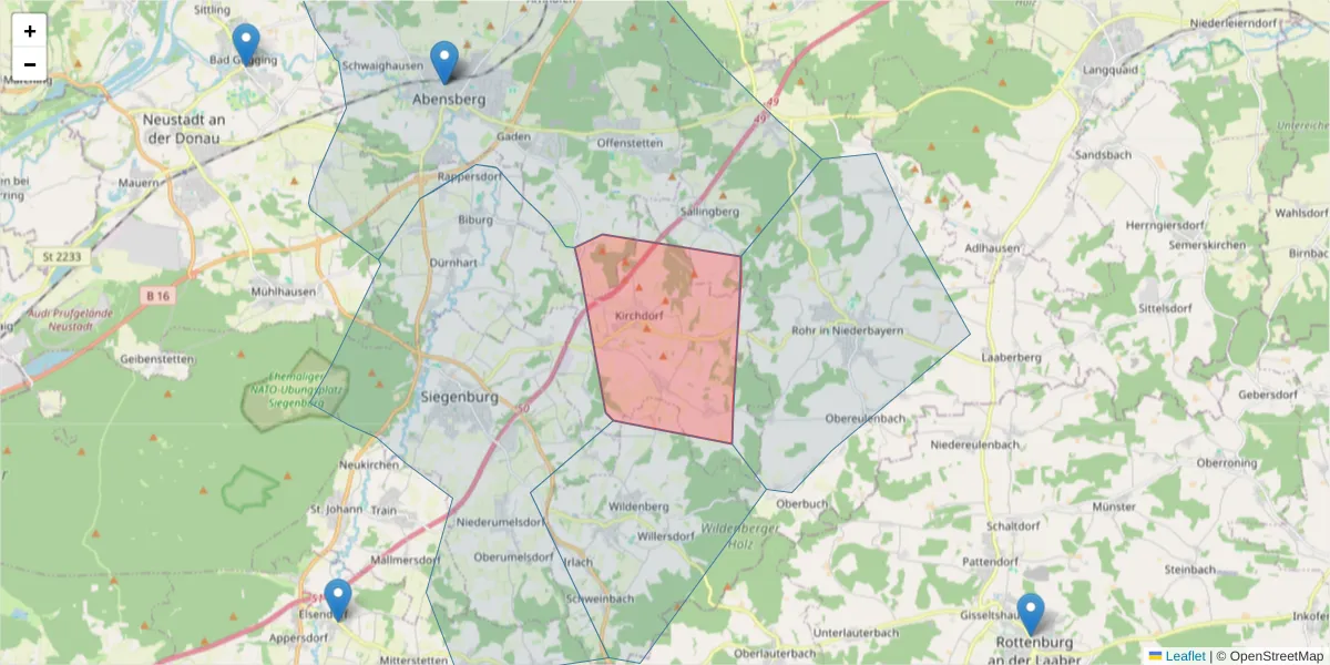 Karte des Postleitzahlen Bereichs  und der umliegenden Postleitzahlen in Deutschland