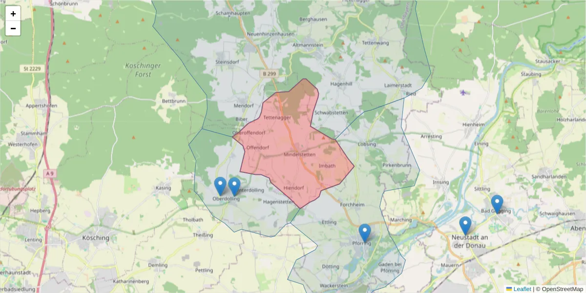 Karte des Postleitzahlen Bereichs  und der umliegenden Postleitzahlen in Deutschland