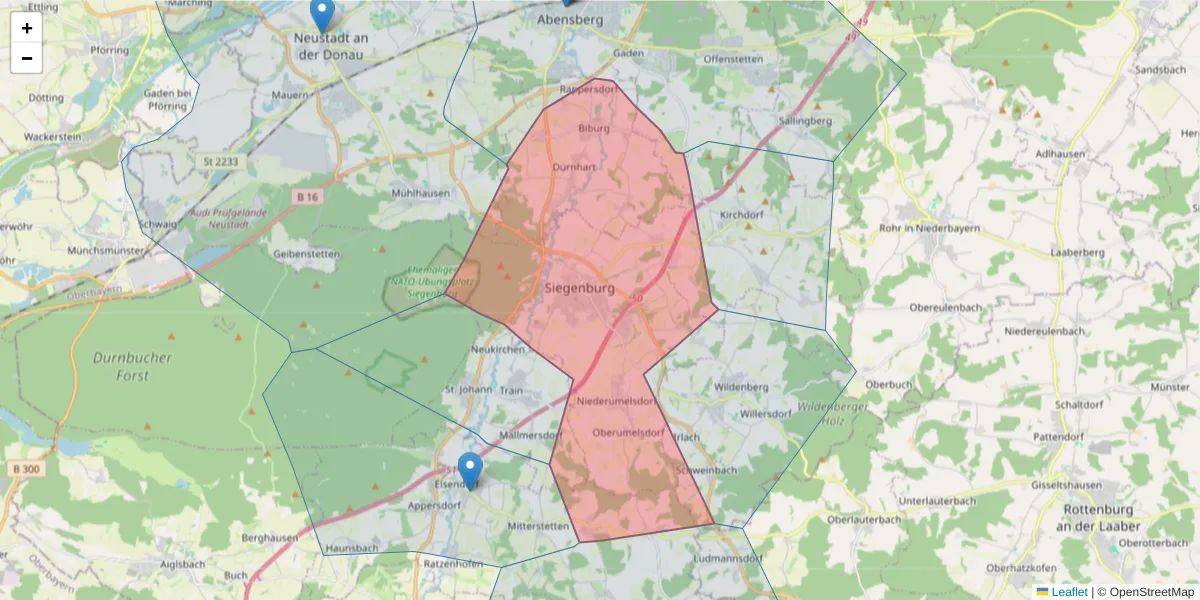 Karte des Postleitzahlen Bereichs  und der umliegenden Postleitzahlen in Deutschland