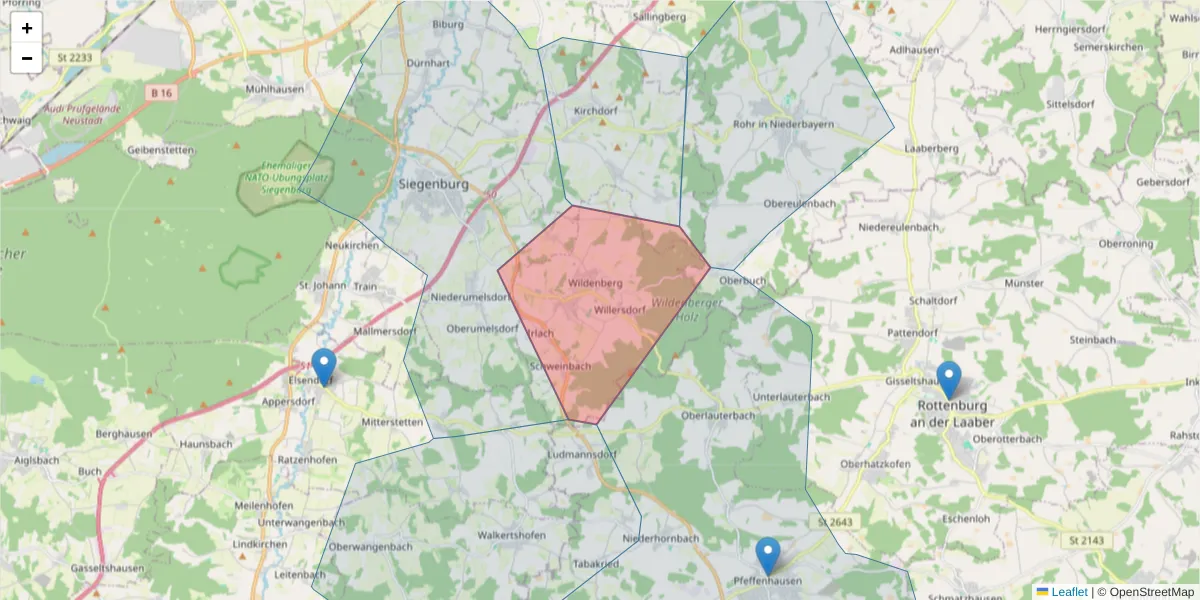 Karte des Postleitzahlen Bereichs  und der umliegenden Postleitzahlen in Deutschland