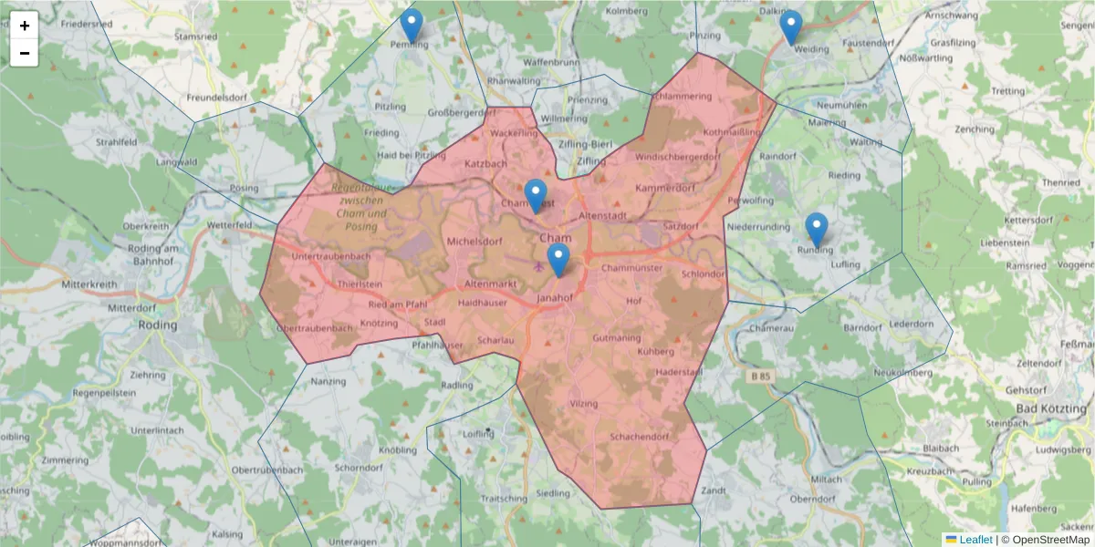 Karte des Postleitzahlen Bereichs  und der umliegenden Postleitzahlen in Deutschland