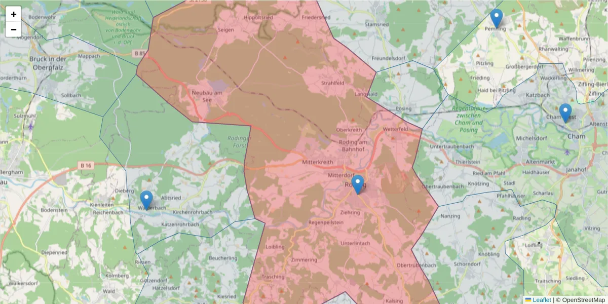 Karte des Postleitzahlen Bereichs  und der umliegenden Postleitzahlen in Deutschland