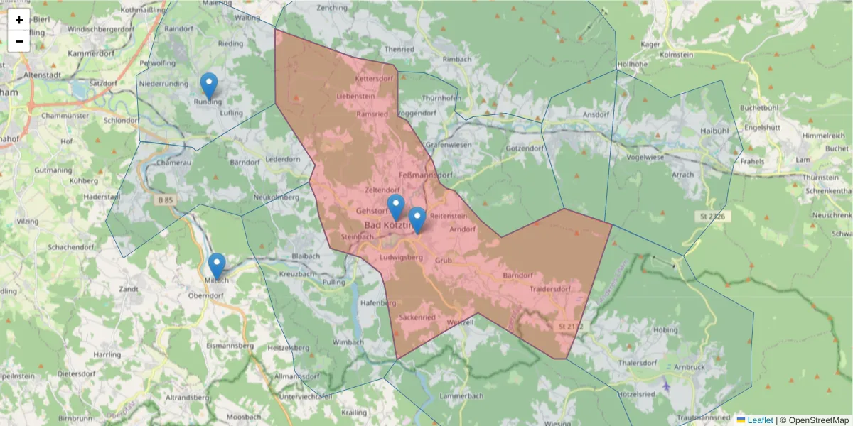 Karte des Postleitzahlen Bereichs  und der umliegenden Postleitzahlen in Deutschland