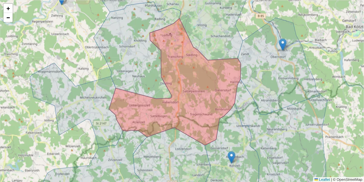 Karte des Postleitzahlen Bereichs  und der umliegenden Postleitzahlen in Deutschland