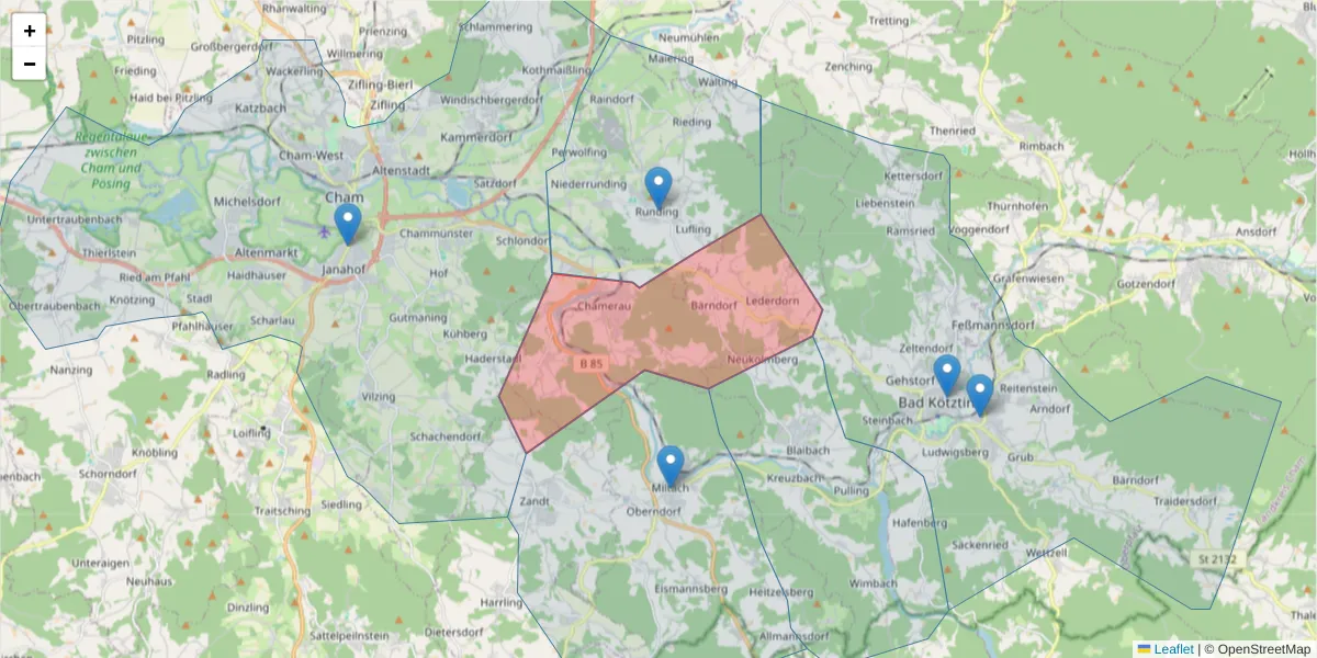 Karte des Postleitzahlen Bereichs  und der umliegenden Postleitzahlen in Deutschland