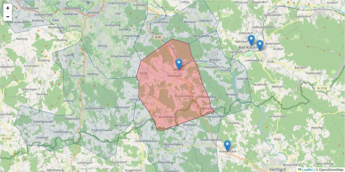Karte des Postleitzahlen Bereichs  und der umliegenden Postleitzahlen in Deutschland