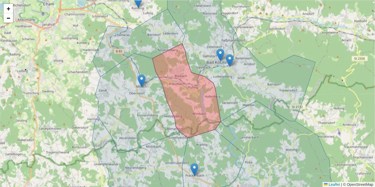 Karte des Postleitzahlen Bereichs  und der umliegenden Postleitzahlen in Deutschland