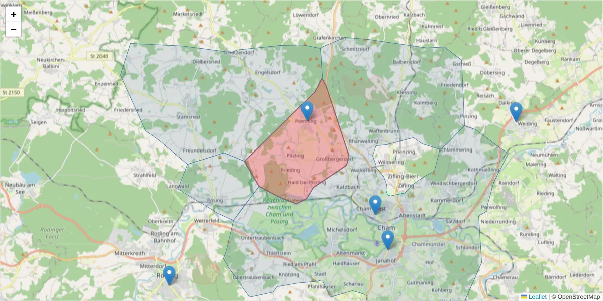 Karte des Postleitzahlen Bereichs  und der umliegenden Postleitzahlen in Deutschland