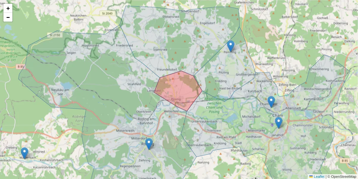 Karte des Postleitzahlen Bereichs  und der umliegenden Postleitzahlen in Deutschland