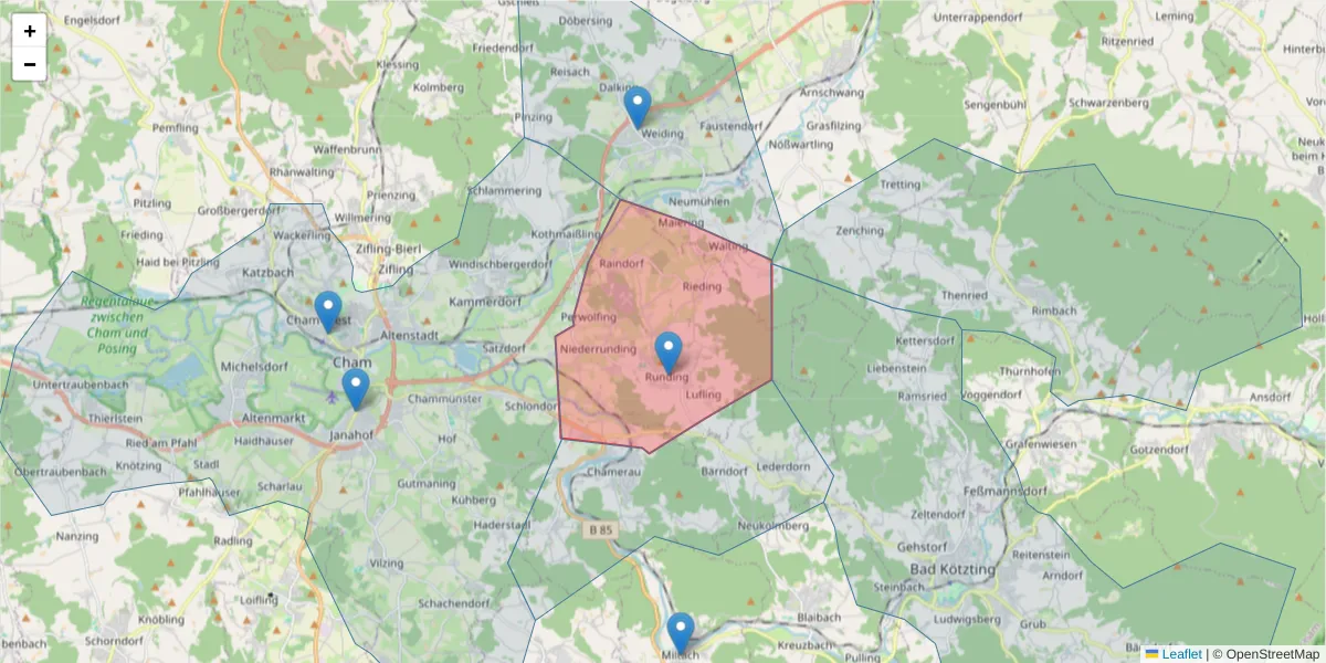 Karte des Postleitzahlen Bereichs  und der umliegenden Postleitzahlen in Deutschland