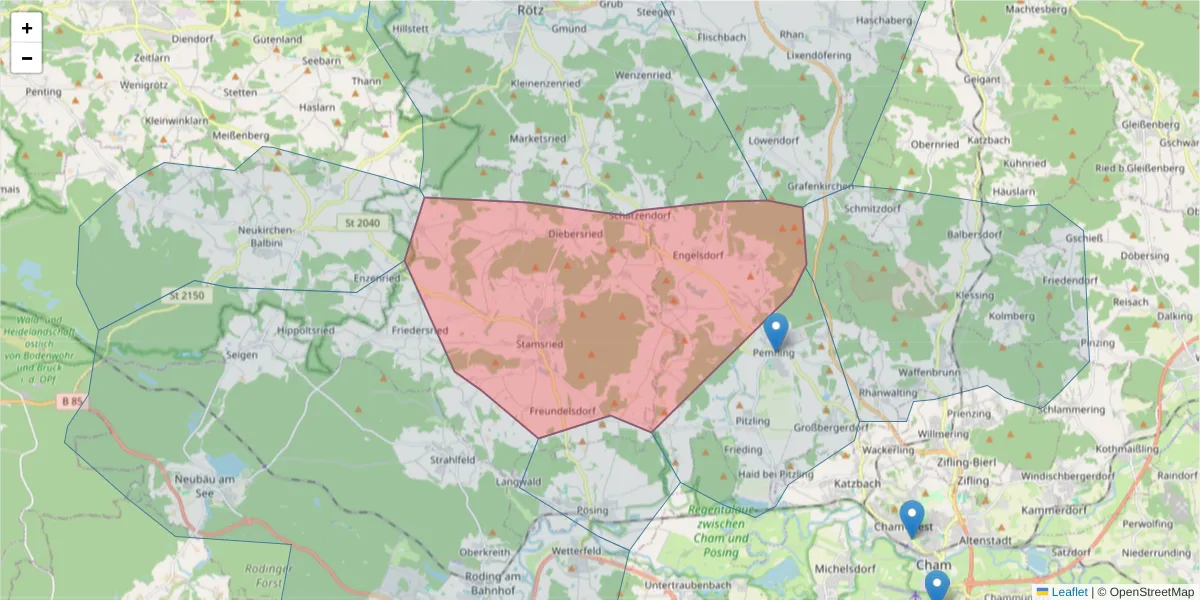 Karte des Postleitzahlen Bereichs  und der umliegenden Postleitzahlen in Deutschland