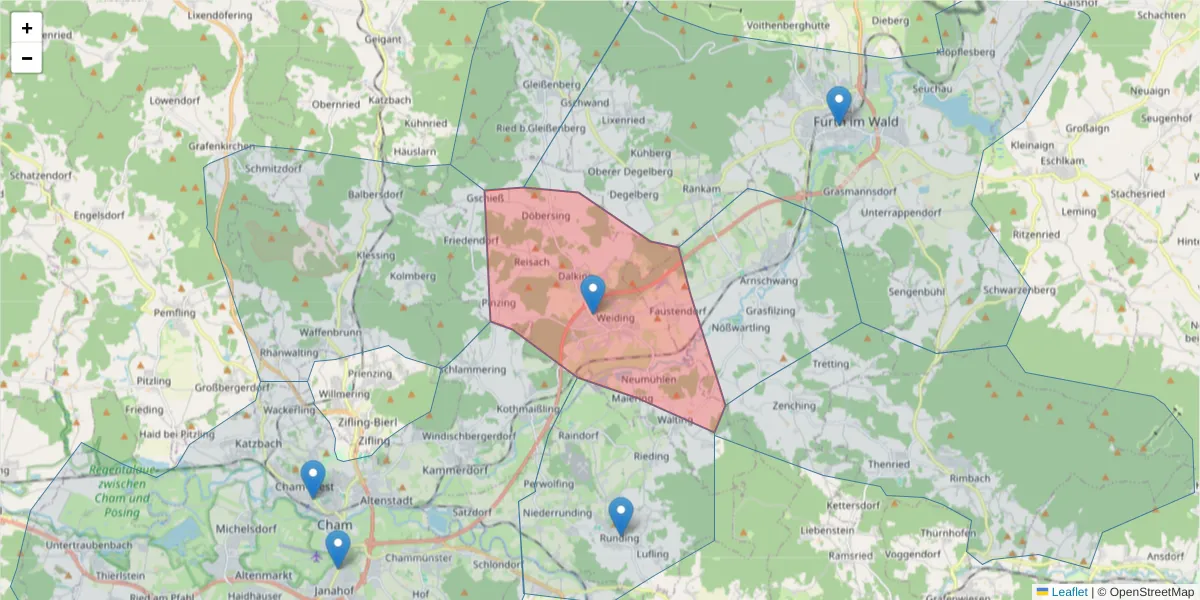 Karte des Postleitzahlen Bereichs  und der umliegenden Postleitzahlen in Deutschland