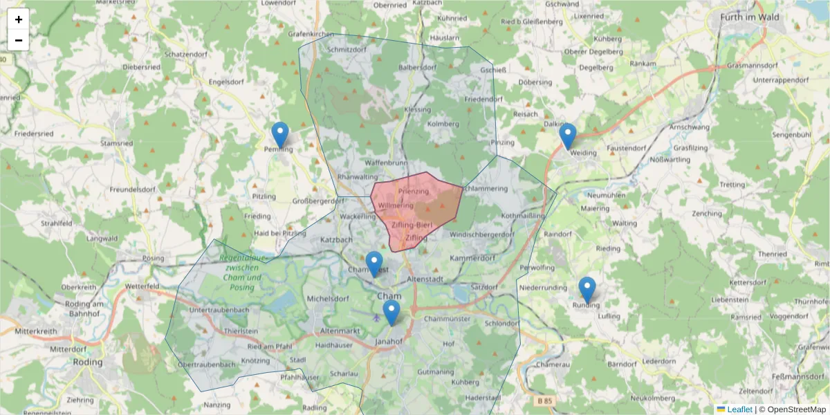 Karte des Postleitzahlen Bereichs  und der umliegenden Postleitzahlen in Deutschland