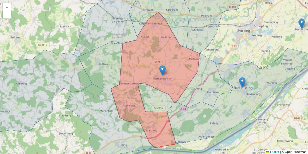 Karte des Postleitzahlen Bereichs  und der umliegenden Postleitzahlen in Deutschland