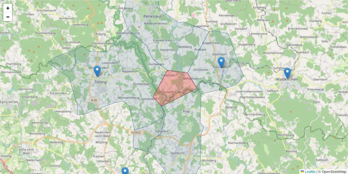Karte des Postleitzahlen Bereichs  und der umliegenden Postleitzahlen in Deutschland