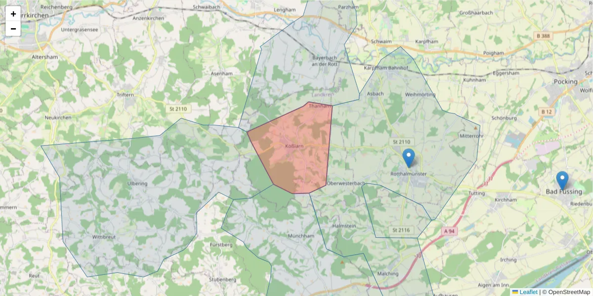 Karte des Postleitzahlen Bereichs  und der umliegenden Postleitzahlen in Deutschland