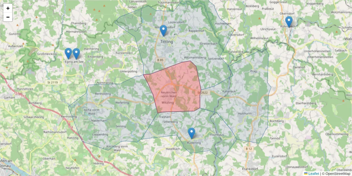 Karte des Postleitzahlen Bereichs  und der umliegenden Postleitzahlen in Deutschland
