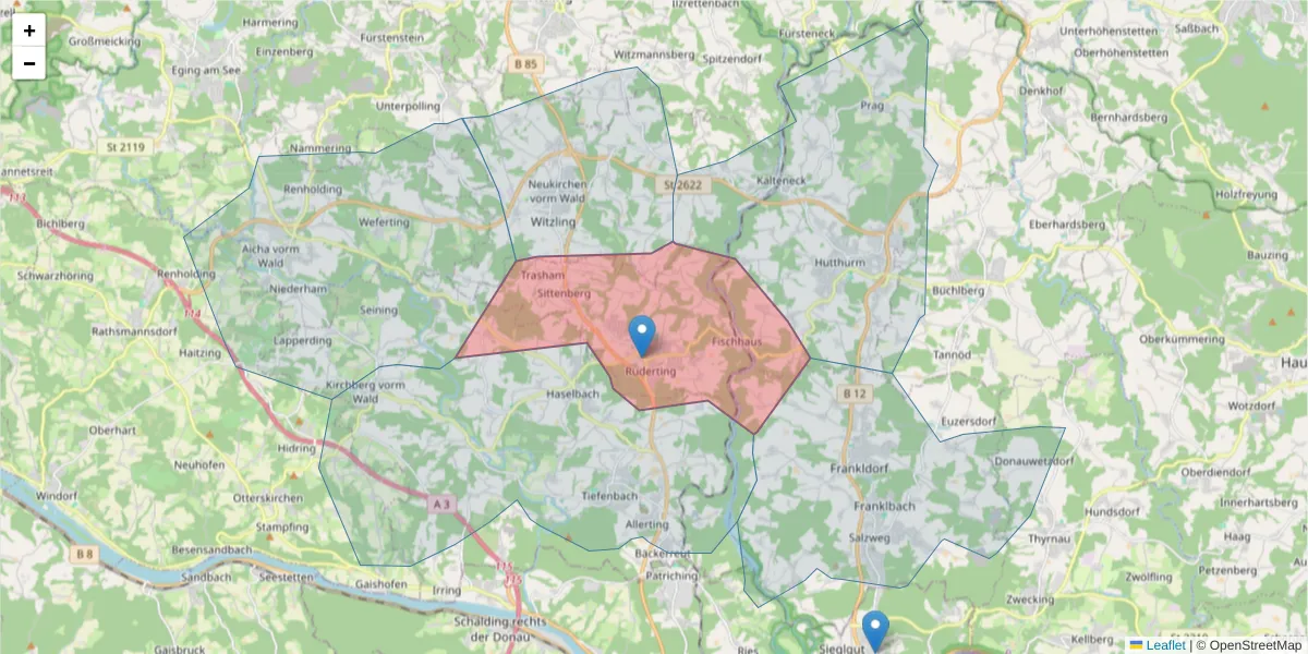 Karte des Postleitzahlen Bereichs  und der umliegenden Postleitzahlen in Deutschland