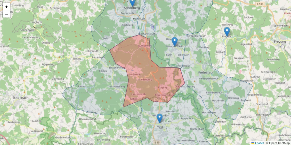 Karte des Postleitzahlen Bereichs  und der umliegenden Postleitzahlen in Deutschland